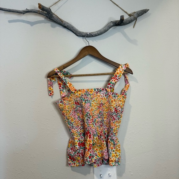 J Crew Factory Smocked Tie Shoulder Colorful Floral Tank Top - Picture 5 of 9